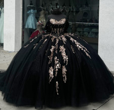 Black Quinceanera Dresses with Bow Gold Appliques Sweet 15 16 Party Ball Gowns