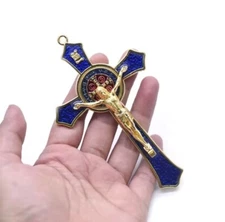 St Benedict Crucifix Blue Crucifix Wall Cross Catholic Decor, Medalla San Benito