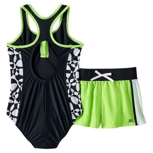 ZeroXposur Girls Acid Lime Green & Black One-Piece Swimsuit & Shorts Set NEW $50 - Picture 2 of 3