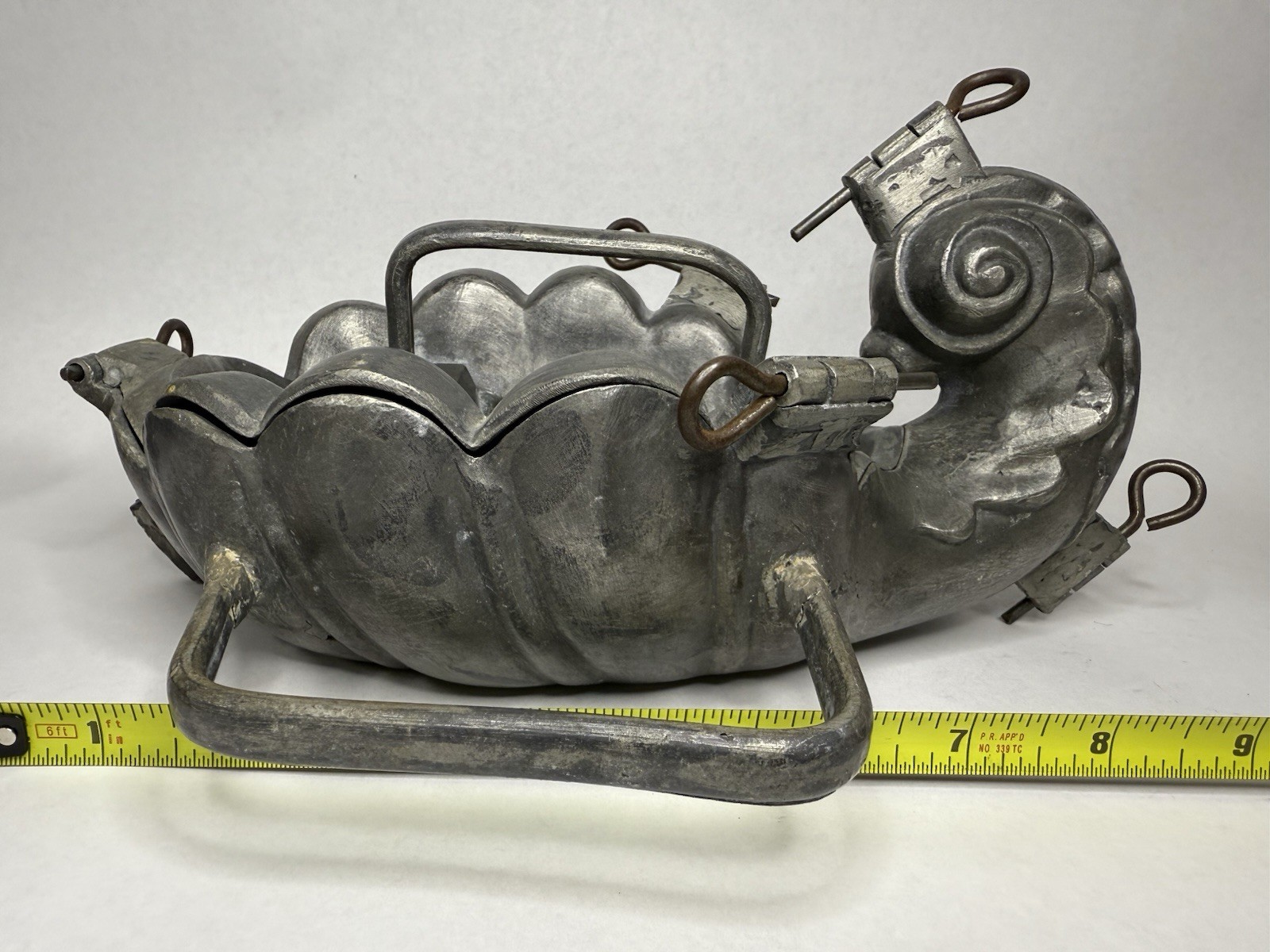 Antique S&Co 1/2 Pint Pewter Ice Cream Mold Viking Ship w/ Latches & Handle B24