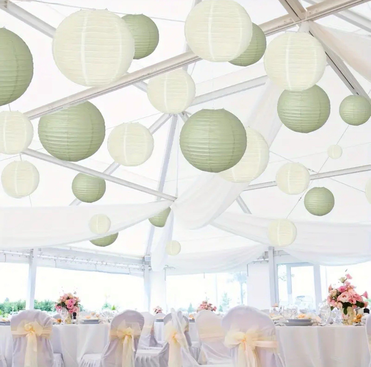 Paper Lanterns Party Decorations, Round, Sage Green And Ivory. 20pc Set 3 Sizes
