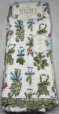 ENVOGUE KITCHEN TOWELS (2) HERBS LACE TRIM 100% COTTON GAUZE 18 X 28 NWT