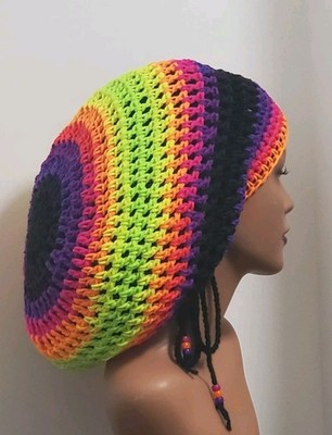 Handmade Neon Crochet Dreadlock Tam with drawstring Slouchy Hat