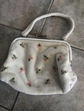 Beaded Handbag Corde White Rose Pattern Lumured Floral Roses 1950s Vintage