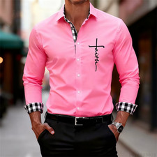 Men Fashion Faith Cross Print Shirt Stylish Long-Sleeve Shirt Business Casual