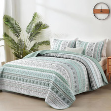 Boho Quilt Set King Size,3 Piece Mint Green Bohemian Striped Bedspread Coverlet