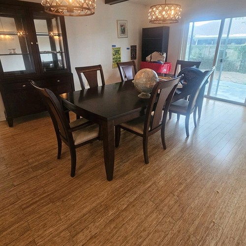 7-Piece Rectangular Dark Wood Dining Table Set w/ Leaf, 6 Beige Fabric Chairs