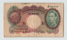 BARBADOS $1 Dollar 1939, P-2b, B/F 566,049, Circulated, KGVI Scarce Type.