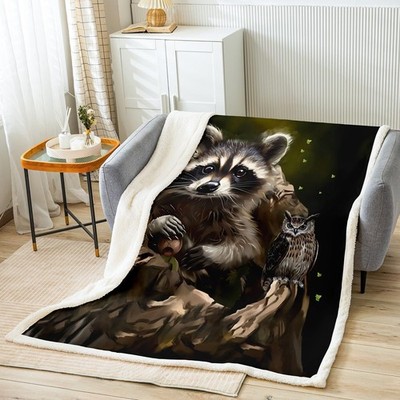 Feelyou Raccoon Sherpa Throw Blanket for Kids Boys Girls - Cute Animal Theme