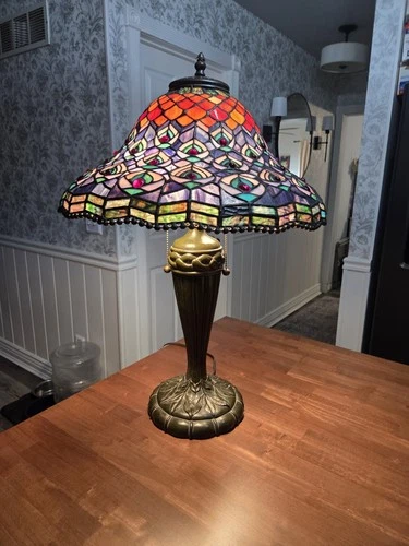 Vintage Tiffany Stained Glass Twin Socket Pull Chain  Lamp Limited Numbered