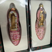 2 Kurt S. Adler Glass Pink Ballet Slipper Ornament Glitter Ballerina Shoe Set