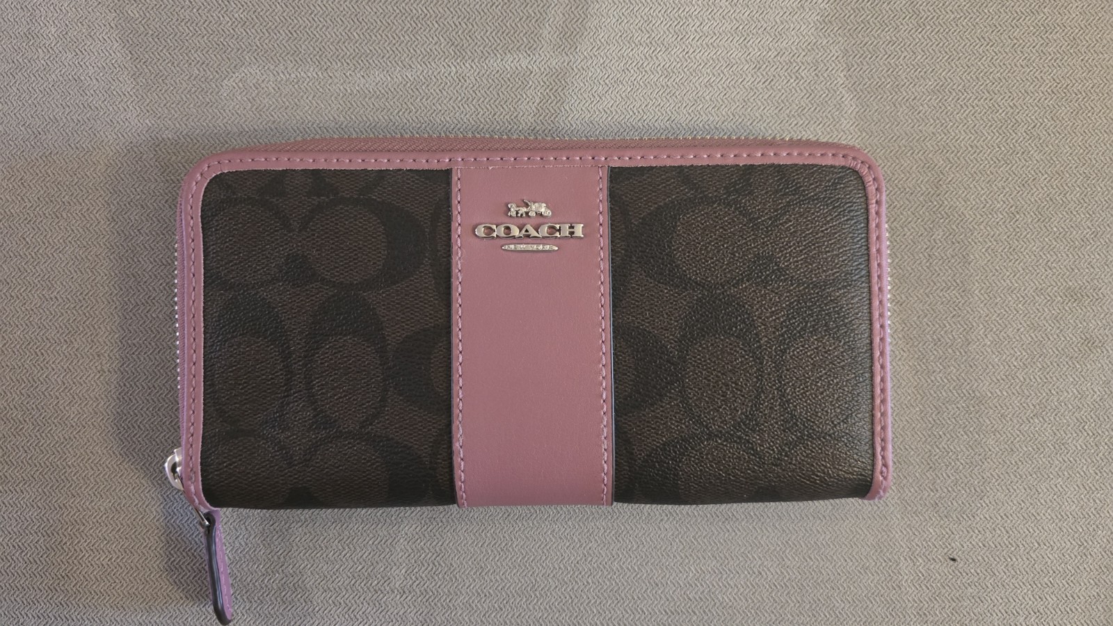Coach Blush And Brown Signature Leather Accordion Zip Around Wallet