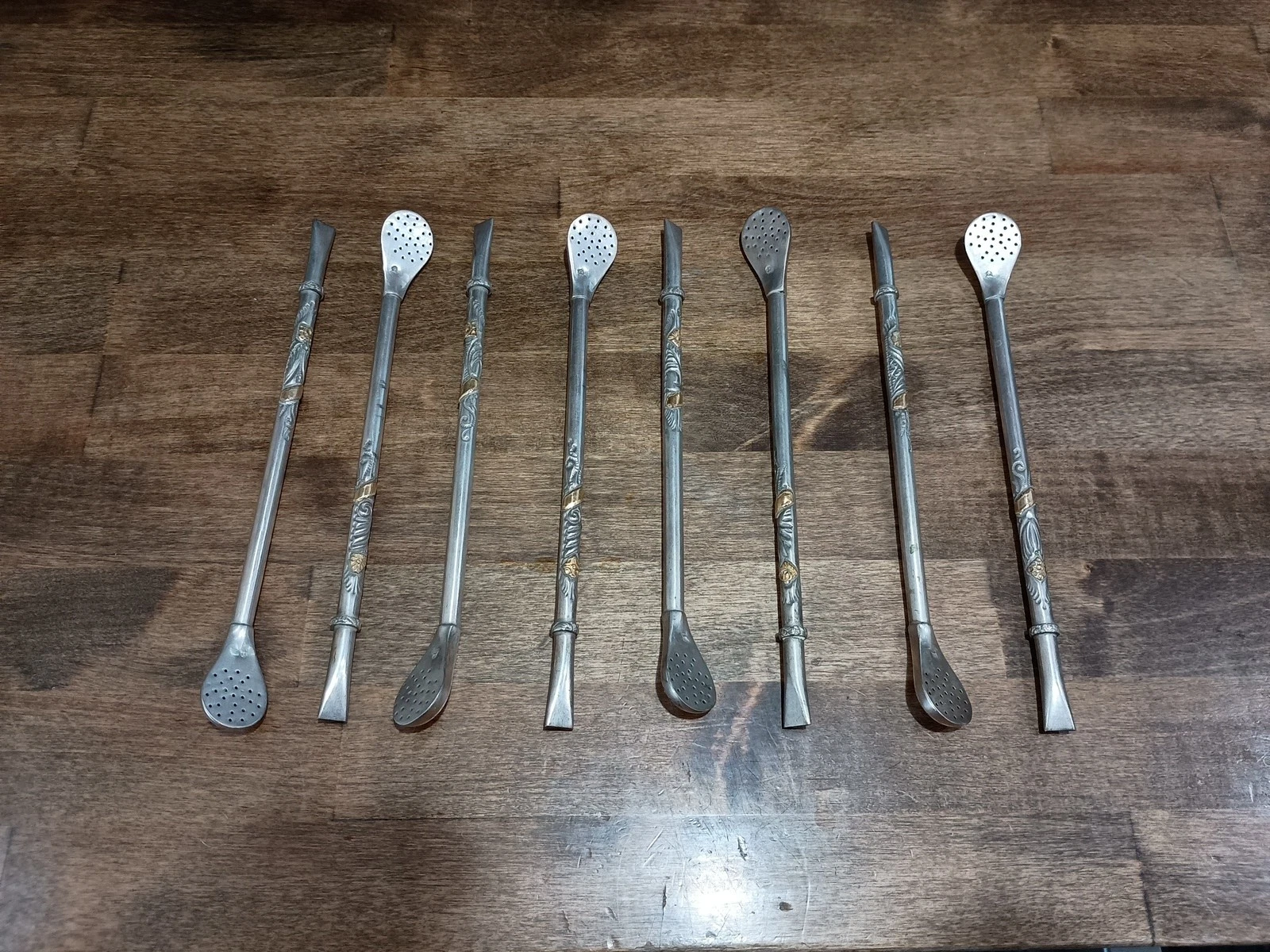 Antique Vintage 800 Silver Bombilla Yerba Mate Tea Straw Strainer Set Of 8