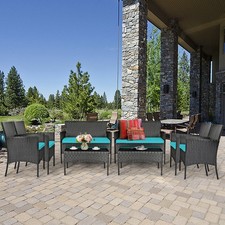 8PCS Outdoor Furniture Set Patio Rattan Conversation Set w/ Turquoise Cushion
