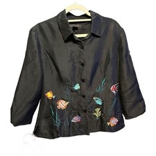 Vintage Silkland Women's Black Embroidered Fish 100 Silk Jacket Blazer  