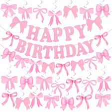 CIEHER 24 Pcs Pink Bow Party Decorations, Happy Birthday and Banner