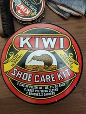 Vtg Kiwi Shoe Care Kit Round Metal Tin W/ Brushes, Cloths And Polish RARE FIND