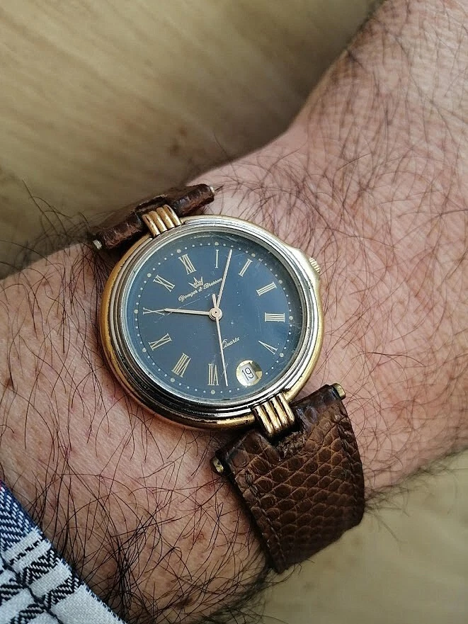 Vintage 1980 s Yonger Bresson Men s Watch Chic Leather Metal PL GOLD Quartz