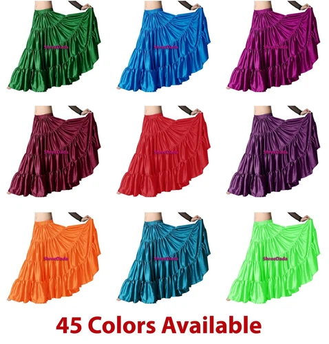 Satin 6 Yard Tiered Gypsy Costume Skirt Belly Dance Tribal Ruffle Jupe Flamenco