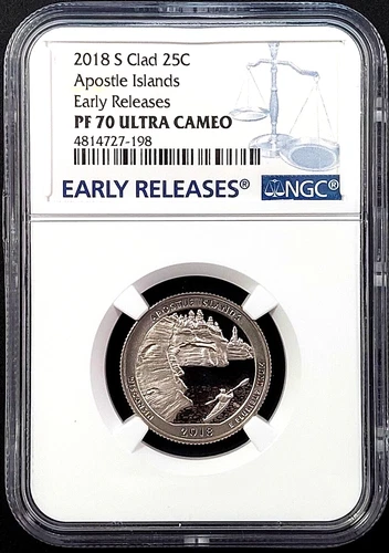2018 S Proof Clad Apostle Islands Quarter, NGC ER, PF 70 Ultra Cameo! sku 7198
