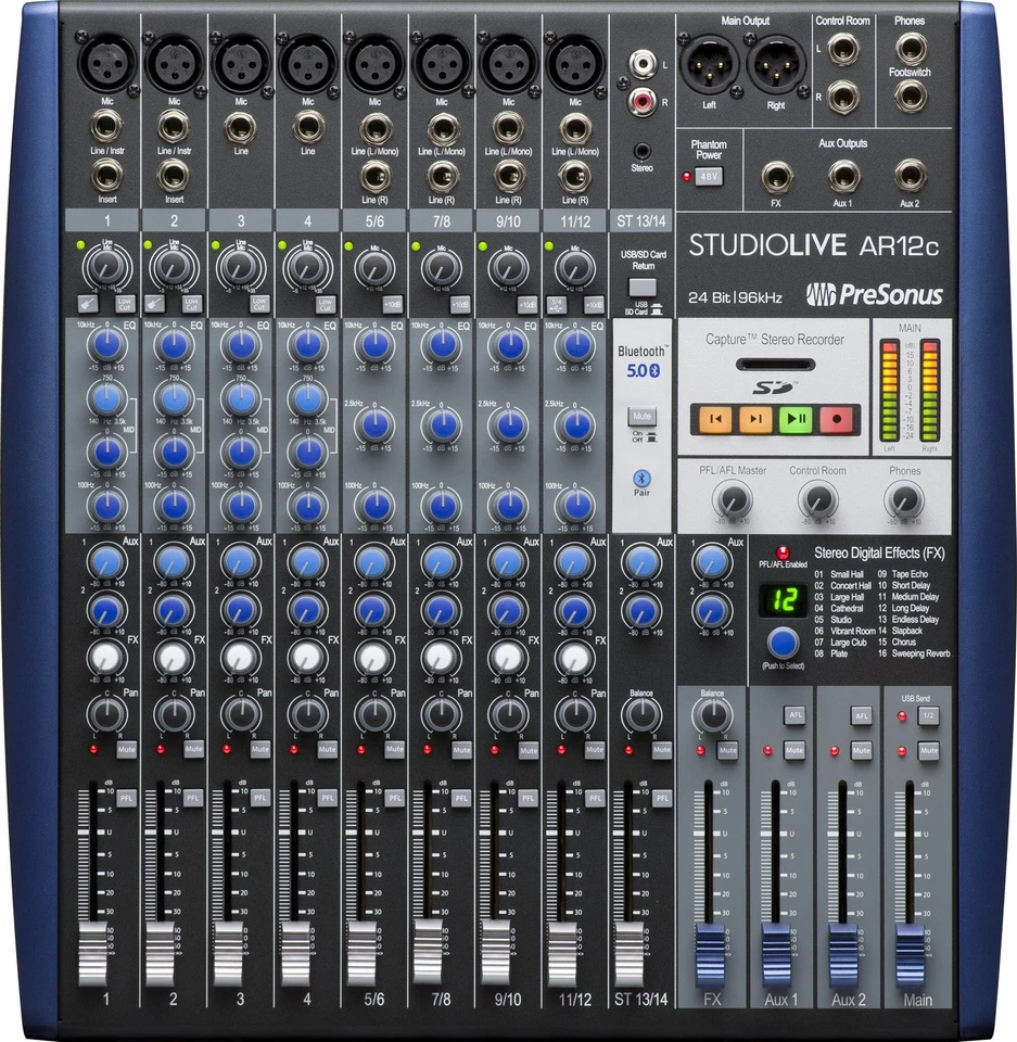 Presonus StudioLive AR12C 12-Ch USB Live Sound/Studio Mixer+Headphones+Stand+Mic - Image 2 of 4