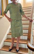 Vintage 1950s Skirt Suit Teal with Shiny Gold Thread Floral Pattern M/L