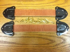Antique Trunk Handles-2 leather straps,4 trunk hardware metal end caps & nails-C