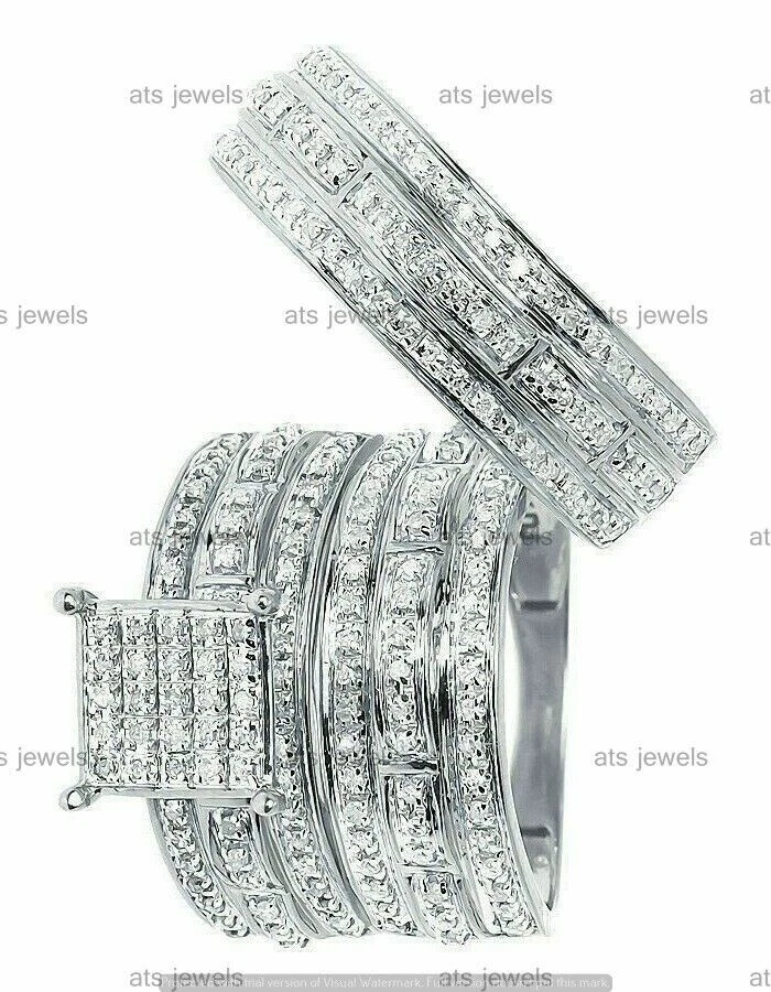 Juego de trío de boda de compromiso real de plata de ley 925 con moissanita para él y ella Foto 3 de 3