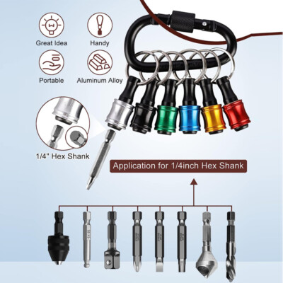 6-Piece 1/4 Inch Aluminum Alloy Keychain Drill Bit Adapters - Quick Release Hex Shank Extensions For Easy Tool Changes