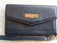 Kate Spade Black Saffiano Leather Envelope Wallet w Strap 6 by 3.75" Gold Logo