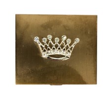 Gold Tone Square Powder Compact Clear Rhinestone Crown Motif 1950s