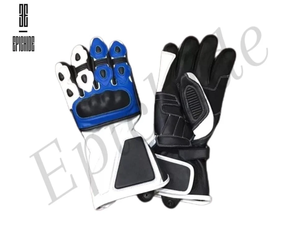 WHITE/BLUE &BLACK MOTORCYCLE LEATHER RACING GLOVES ARMOR PROTECTED FOR MEN BIKER