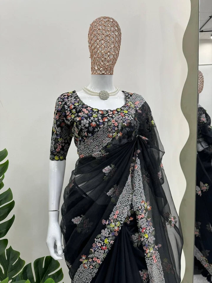 Atractivo sari de seda atigrado con blusa para mujer y niña de fiesta Foto 3 de 4