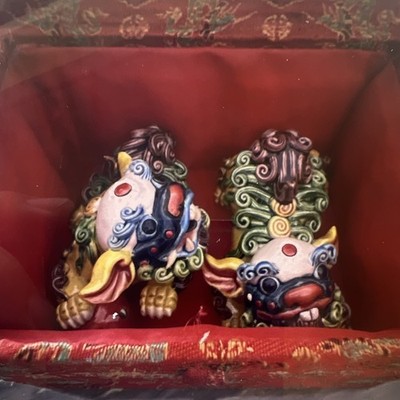 China porcelain Yuan Bao Evil Guardian Lion Foo Dog Pair handbemalt
