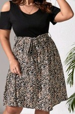 Shein Cold Shoulder Black Floral Short Sleeve Belted Dress Womens Size Medium