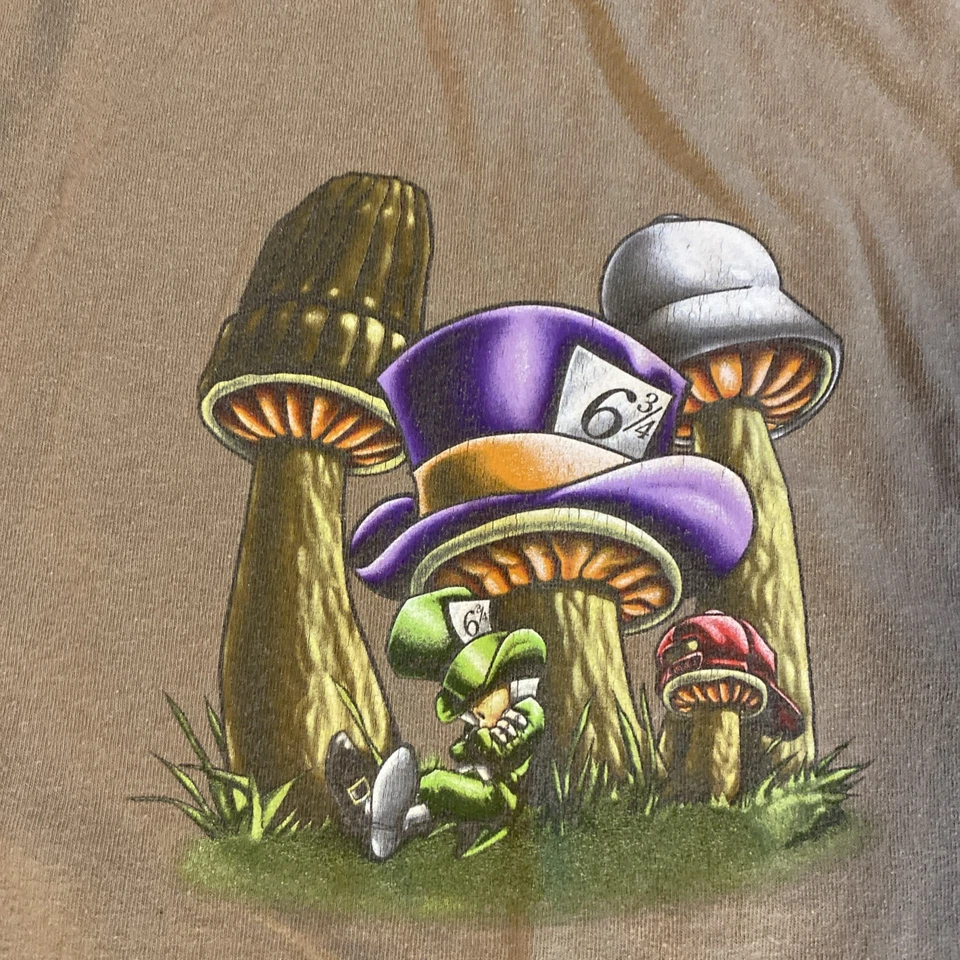 VTG Mushroom Long Sleeve Alice In Wonderland AAA Tag XL Tan Brown Y2K - Image 2 of 4