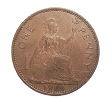 1964 UK Great Britain Large One Penny Bronze Queen Elizabeth II Free Shipping