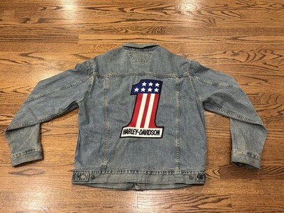 Harley Davidson Denim Jean Motorcycle Jacket Number # 1 Patch Size Large