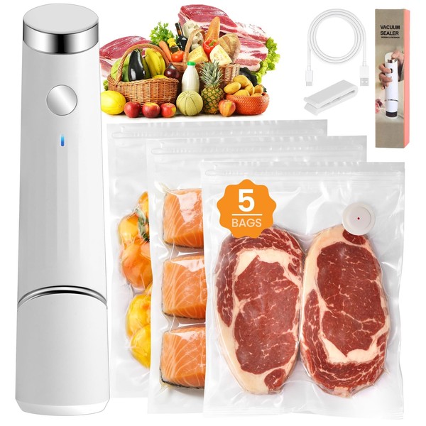 Sellador al vacío compacto para alimentos máquina selladora al vacío portátil + 5 bolsas reutilizables