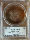 2011-S AMERICAN SILVER EAGLE PCGS MS70GOLD TONE JOHN MERCANTI FIRST STRIKE LOOK*