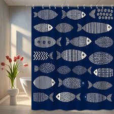 Navy Fish Pattern Shower Curtain - Fun Bathroom Decor