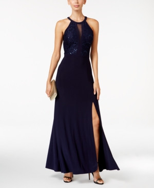 Nightway Petite Lace-Trim Illusion Halt Navy 10P