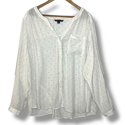 Zac & Rachel Plus 3X White Red Heart Button Up Blouse Valentine Gauze Flowy FLAW