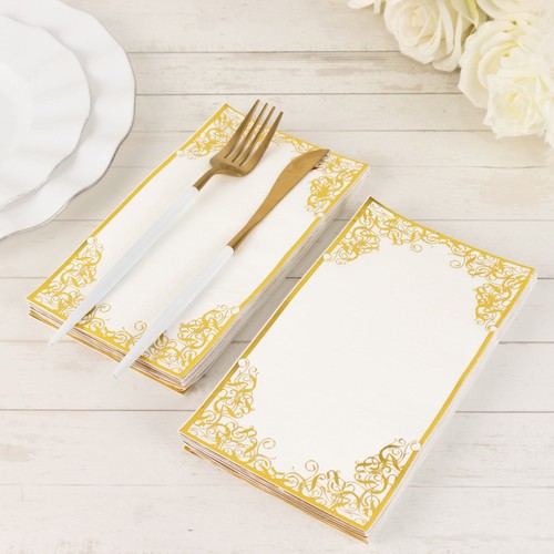 50 WHITE Soft Dinner Paper Napkins with Gold Foil Lace Design Party Centerpieces - Picture 6 of 8