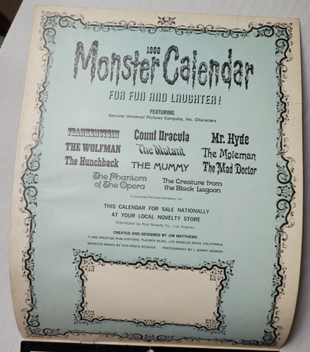 Don Post 1966 Monster Mask Calendar Universal Monsters - Picture 6 of 8