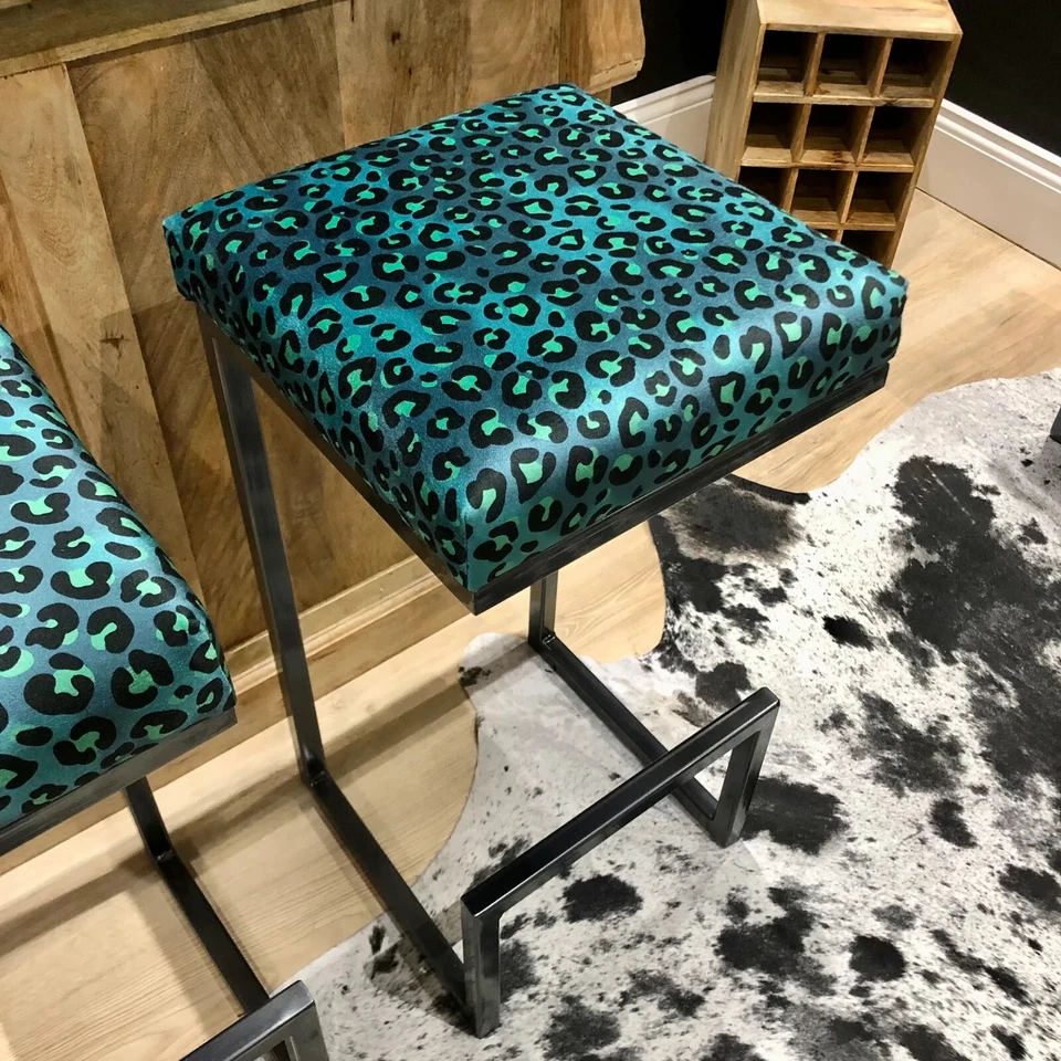 Teal Two Tone Leopard Print Luxury Modern Bar Stools (pair) - Image 2 of 4