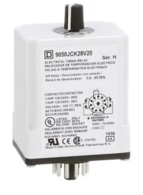 Square D 9050JCK28V20 Time Delay Relay Type 9050 Off-Delay, 120VAC/110VDC, 10Amp