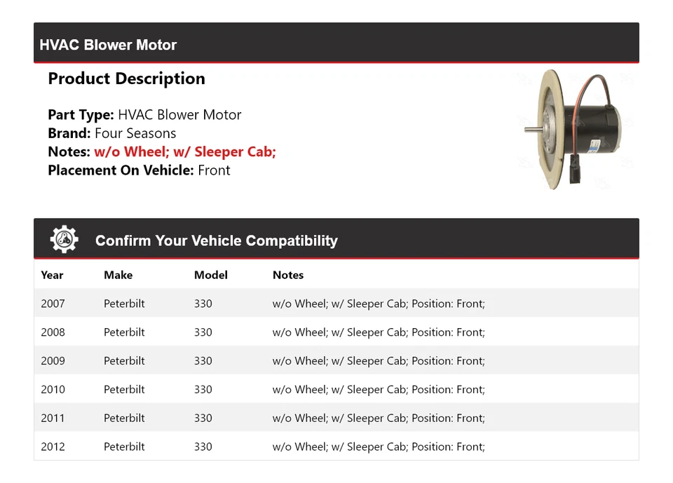 For 2007-2012 Peterbilt 330 HVAC Blower Motor Front 4 Seasons 2008 2009 2010 - Image 2 of 4