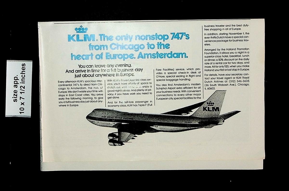 1976 KLM Royal Dutch Airlines Amsterdam 747 Vintage Print Ad