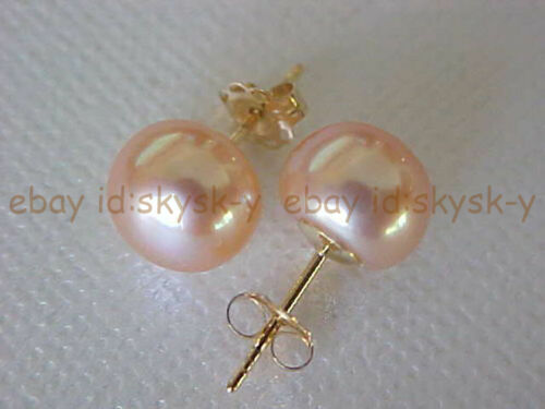 Huge 10-11mm Genuine South Sea Pink Pearl Stud Earrings 14K Yellow Gold - Picture 1 of 11